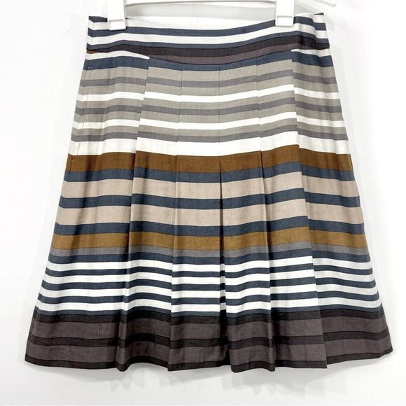 Banana Republic Brown Blue Cream Horizontal Striped A Line Pleated Linen Skirt - Picture 1 of 15